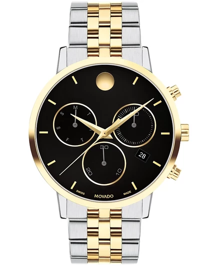 Мужские музейные классические швейцарские кварцевые часы Movado Men's Museum с двухцветными PVD-часами из нержавеющей стали и светло-желтого цвета диаметром 42 мм
