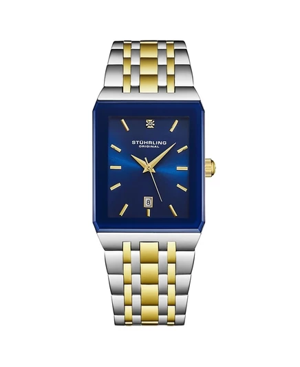 Двухцветные прямоугольные часы Stuhrling Empire Edge 4084 – Синий циферблат Кварцевые часы с датой, Браслет из нержавеющей стали синего цвета