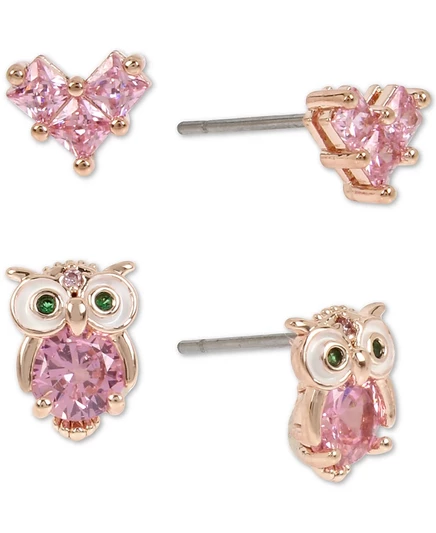 Betsey Johnson, Розовое золото, 2 шт. Комплект сережек-гвоздиков с хрустальной совой и сердечком