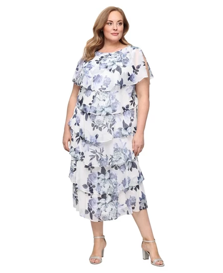 Платье с круглым вырезом и принтом чайной длины SL Fashions Plus Size multi