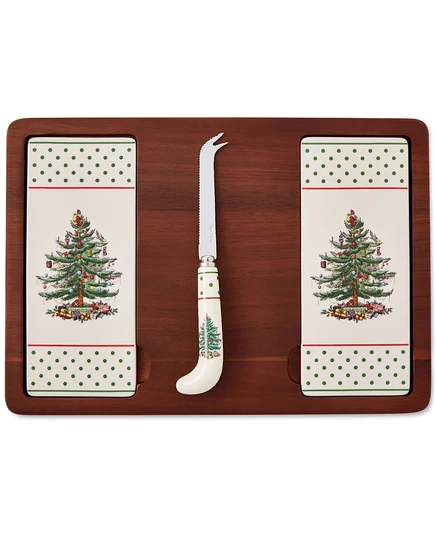 Доска для сыра Spode Christmas Tree Polka Dot с ножом, зеленая