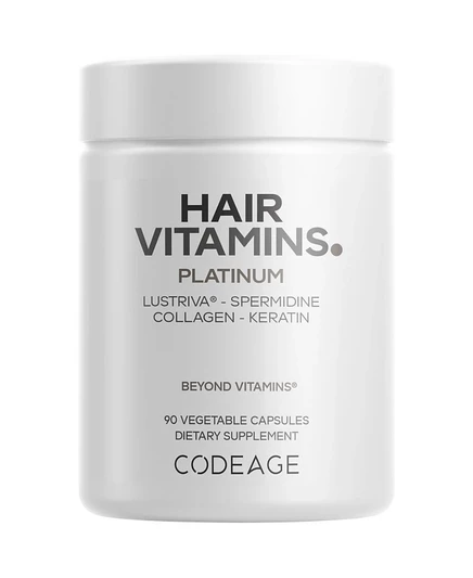 Витамины для волос Codeage Hair Vitamins Platinum - Lustriva для поддержки роста волос, Биотин, кератин, Коллаген, Ферменты, Омега-3, мультивитамины, пробиотики, 90 капсул белого цвета