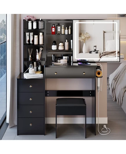 Туалетный столик Streamdale Furniture с раздвижным зеркалом, 2 кондиционера + 2 USB, Подставка для фена черного цвета