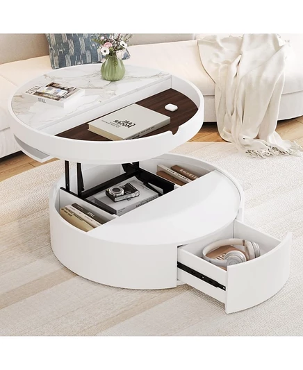 Журнальный столик Streamdale White Round Lift, столешница из мрамора/дерева, 29,5" коричневый