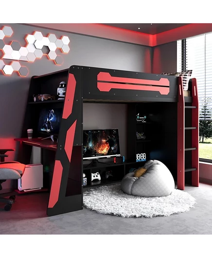 Деревянная кровать-чердак Streamdale Furniture с письменным столом, несколькими полками для хранения вещей и RGB-подсветкой