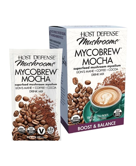 Мокко - порошок Host Defense MycoBrew Mocha - Это смесь для приготовления напитка из грибов Львиная грива, какао, сертифицированного Fair Trade, и растворимого кофе 100% Арабика белого цвета