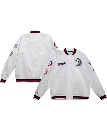 Мужская университетская куртка Mitchell & Ness White из коллекции St. Louis Cardinals City из атласа на молнии белого цвета