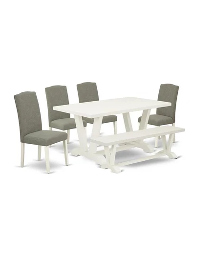 Мебель East West Furniture Обеденный набор из 6 предметов -Сиденье из темной льняной ткани Шитаке и стильная спинка стула Кухонные стулья, скамья и прямоугольный стол многоцветные