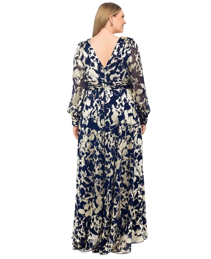 Платье А-силуэта из фольгированной сетки с V-образным вырезом Betsy & Adam Plus Size navy/gold
