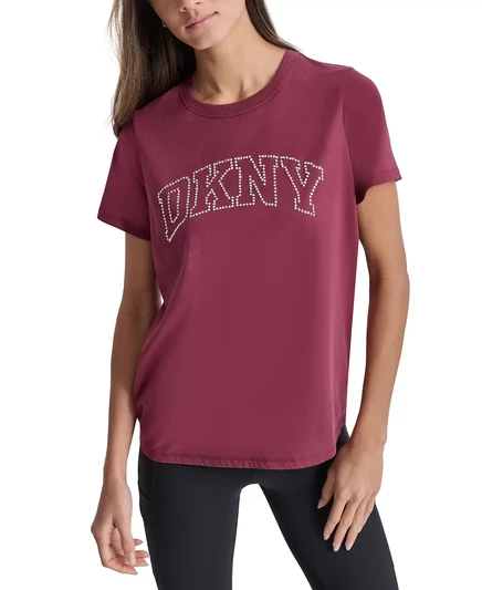 Топ с круглым вырезом и логотипом DKNY Womens Varsitу со стразами burgundy