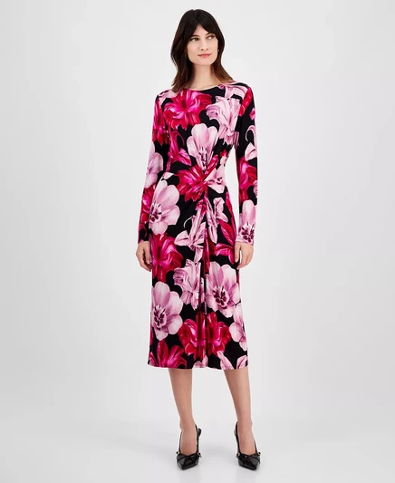  Женское платье миди с принтом и длинными рукавами, эксклюзивно от Macy's bari bloom