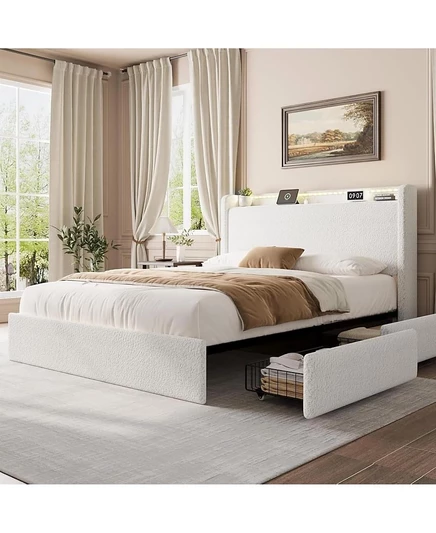каркас кровати gaomon Queen-Size Boucle LED с 4 выдвижными ящиками для хранения вещей, изголовьем для хранения вещей, зарядной станцией, USB-портами белого цвета