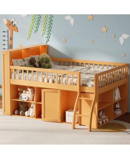Полноразмерная кровать-чердак Streamdale Furniture с местом для хранения вещей, Изголовье со светодиодной подсветкой, Натуральная