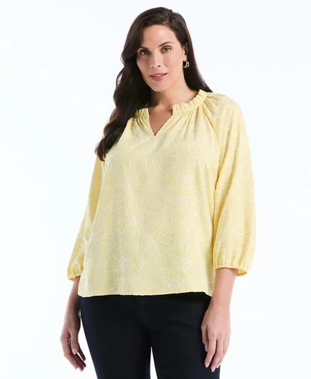 Блузка Rafaella Plus Size с цветочной вышивкой и рукавами 3/4, желтая