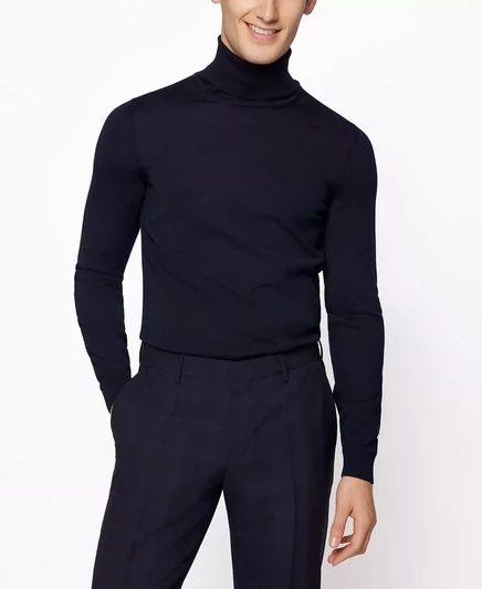Мужской приталенный свитер из мериносовой шерсти с высоким воротом от Hugo Boss  dark blue