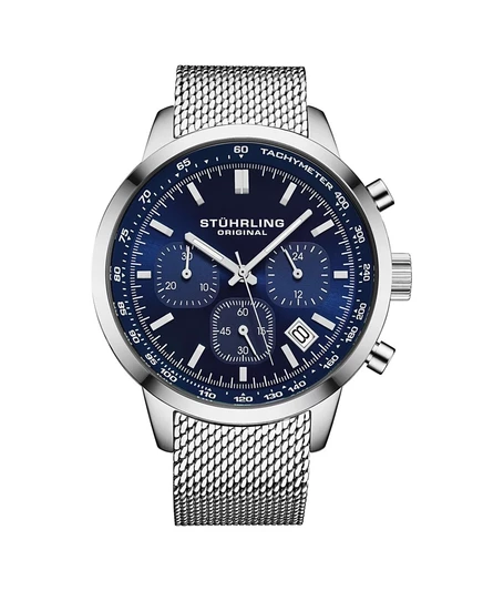 Мужские кварцевые часы с хронографом Stuhrling Chronoport 4082, сетчатый браслет из нержавеющей стали диаметром 44 мм