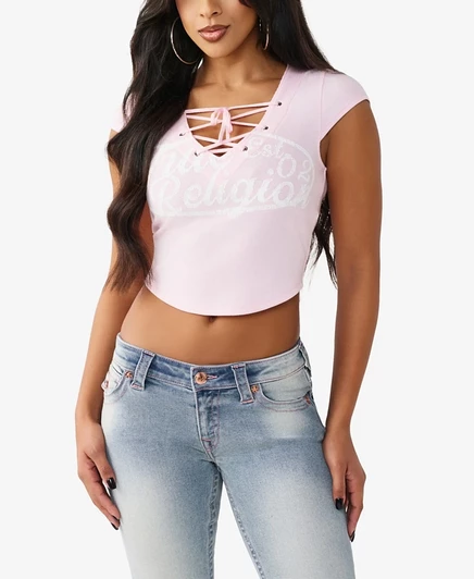 Женский топ True Religion на шнуровке с коротким рукавом в рубчик розового цвета