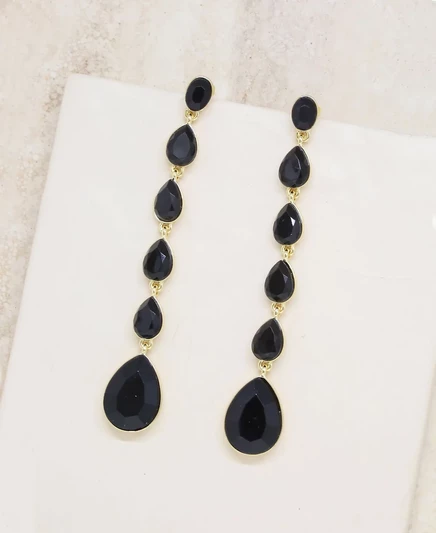 Серьги Ettika капля позолоченные 18K, длина 3,5″, черные