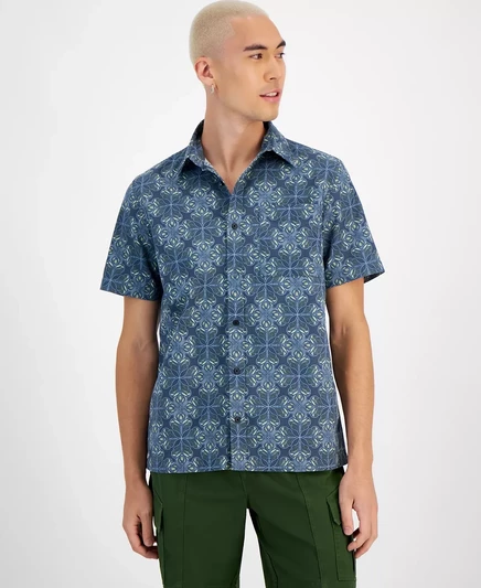  Мужская рубашка с коротким рукавом с принтом Gabriel, созданная для Macy's basic navy
