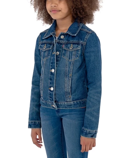 Стильная джинсовая куртка дальнобойщика Levi's Big Girls с воротником-стойкой синего цвета