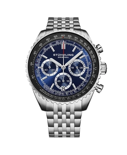 Мужские кварцевые часы с хронографом Stuhrling s 1010B, корпус из нержавеющей стали диаметром 42 мм, серебристый циферблат, стальной браслет синего цвета