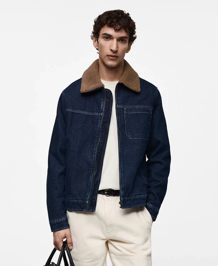 Мужская джинсовая куртка на подкладке из овечьей шерсти dark blue
