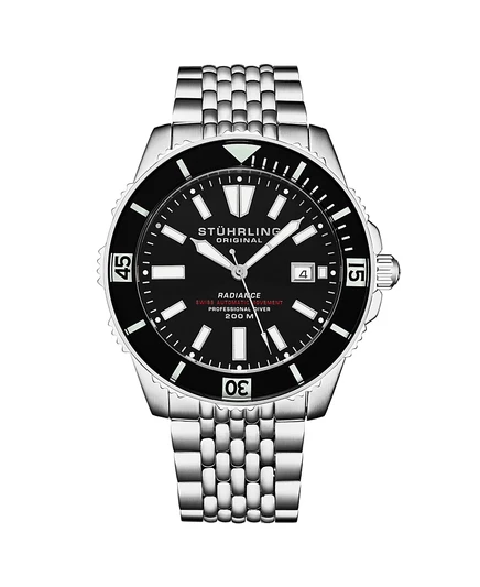 Мужские швейцарские часы Stuhrling Radiance Heritage 1006 с автоподзаводом, 43 мм, Черный циферблат и безель, браслет в стиле Oyster, Выставочная задняя крышка, длина 200 метров silver