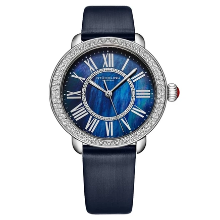 Элегантные женские наручные часы Stuhrling Elegant, 40 мм, Модель 4068, Синий ремешок из атласной кожи, вставки из хрусталя