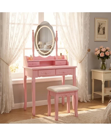 Туалетный столик Streamdale Furniture Princess с зеркалом и табуретом, 4 выдвижными ящиками, вместительный для хранения вещей розового цвета