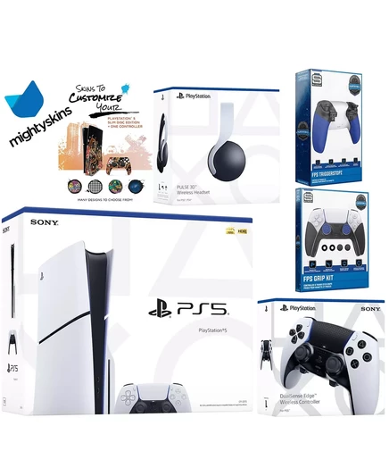Комплект Sony Playstation 5 Slim Disc с гарнитурой White Pulse, контроллером Extra EDGE, комплектом Trigger Stop, комплектом FPS Grip и ваучером на наклейку MightySkins. white