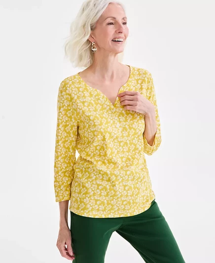  Женский топ Henley с рукавом 3/4 и принтом, эксклюзивно от Macy's fleur gold