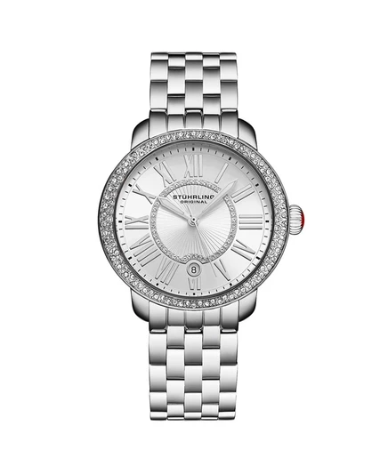 Женские кварцевые часы Stuhrling Celestia 4080 диаметром 38 мм с безелем из кристаллов Swarovski, циферблатом с римскими цифрами Sunray и браслетом из нержавеющей стали