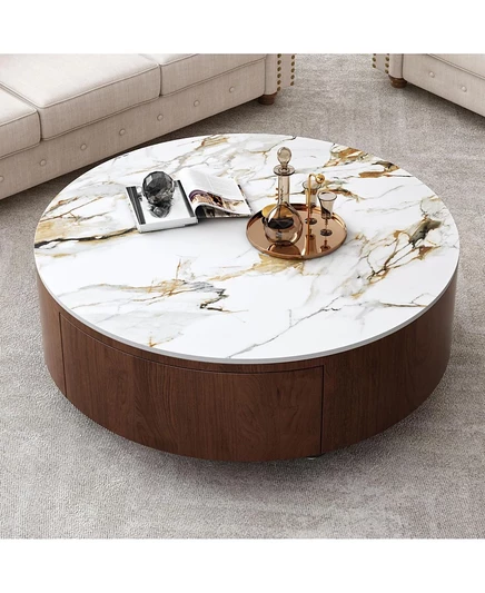 Круглый журнальный столик из дерева Streamdale Furniture со столешницей из искусственного мрамора коричневого цвета