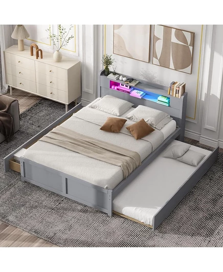 Кровать-платформа Streamdale Furniture из дерева Queen-Size- светодиодная, с 2 выдвижными ящиками и ящиком-каталкой. серый
