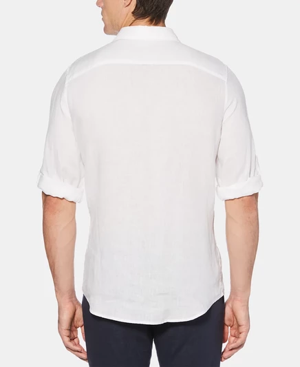 Мужская однотонная льняная рубашка с закатанными рукавами bright white