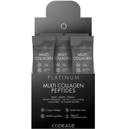 Codeage Multi Collagen и биотин 10 000 мкг + витамины С, В6 и D3, кератин, гиалуроновая кислота, аминокислоты, 5 видов коллагена - 30 пакетиков белого цвета.