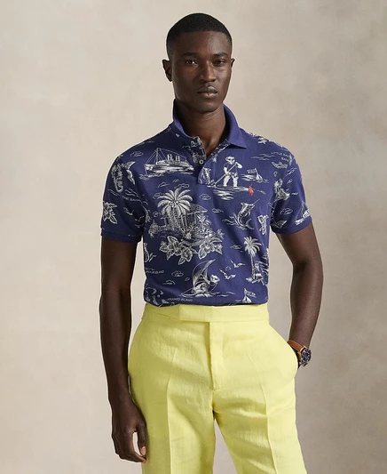 Мужская рубашка-поло Polo Ralph Lauren классического кроя из сетчатого материала в виде медведя синего цвета
