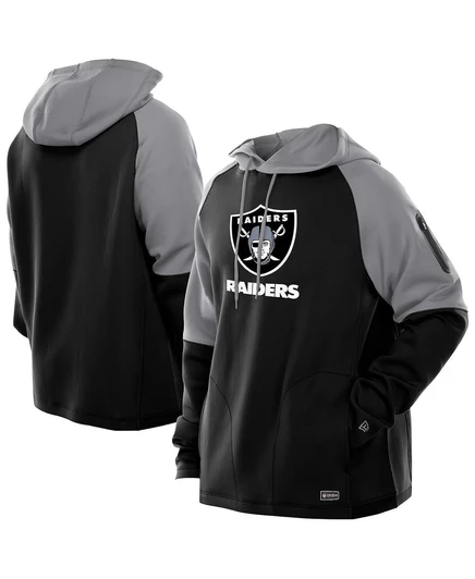 Мужские черные кроссовки Las Vegas Raiders сочетают в себе аутентичный цветовой блок, пуловер Реглан с капюшоном