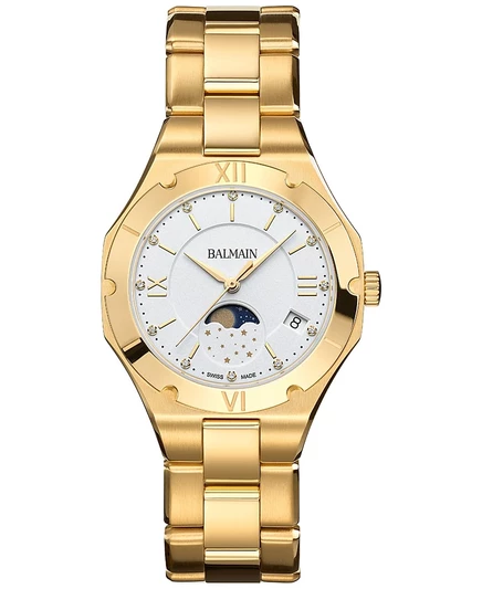 Женские швейцарские часы Balmain с бриллиантом Balmain Moonphase (1/20 карата), золотые, PVD, браслет из нержавеющей стали, 33 мм, желтый
