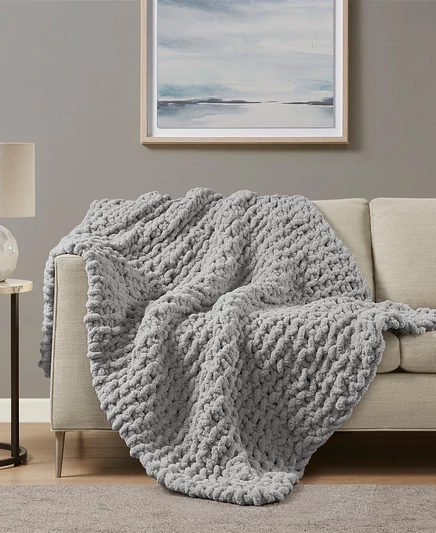 Плед Madison Park крупной вязки, шенилл 50×60″, серый
