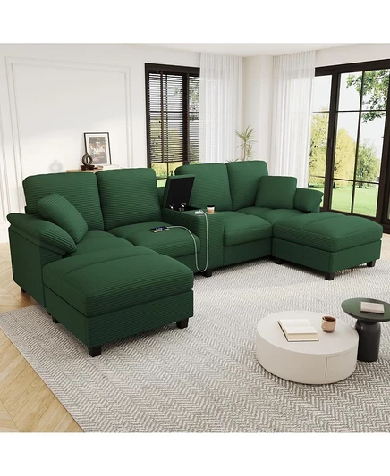 Современный U-образный вельветовый диван Streamdale Furniture с местом для хранения вещей, подстаканниками и USB-портами зеленого цвета