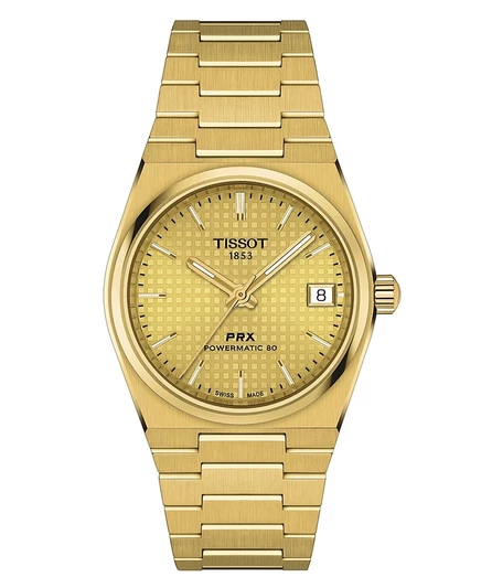 Женские швейцарские автоматические часы Tissot PRX Powermatic 80 Gold PVD с браслетом из нержавеющей стали 35 мм из золота