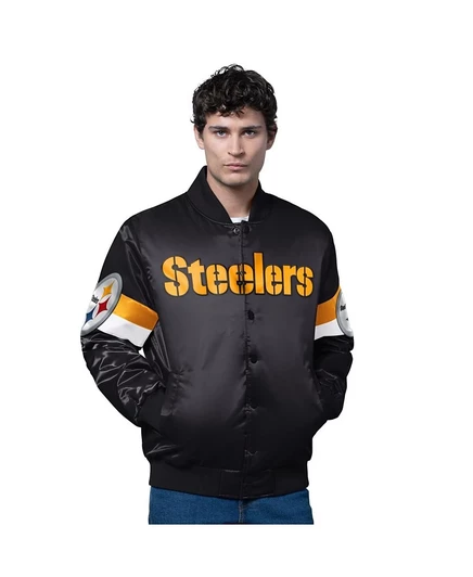 Мужская черная универсальная куртка Pittsburgh Steelers Triple Option из атласа на полной застежке для начинающих игроков