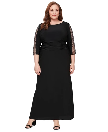 Платье SL Fashions Plus размера плюс с украшенными рюшами рукавами, черное