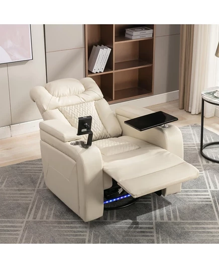 Clihome Вращающееся на 270 градусов кресло с электроприводом из искусственной кожи с индивидуальным сиденьем для домашнего кинотеатра, откидным столиком, скрытым подлокотником для хранения в гостиной