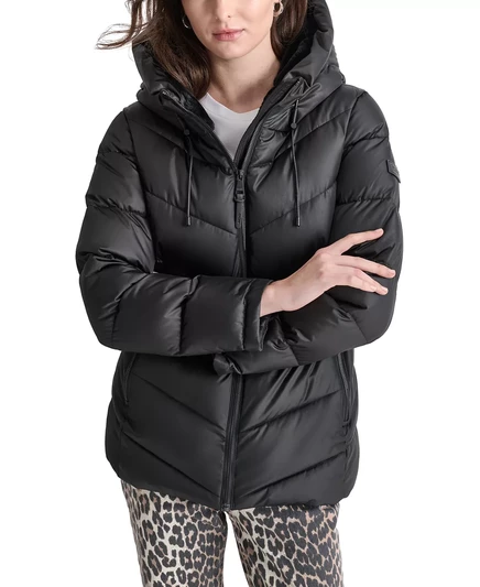  Женское пуховое пальто с капюшоном DKNY на молнии спереди black