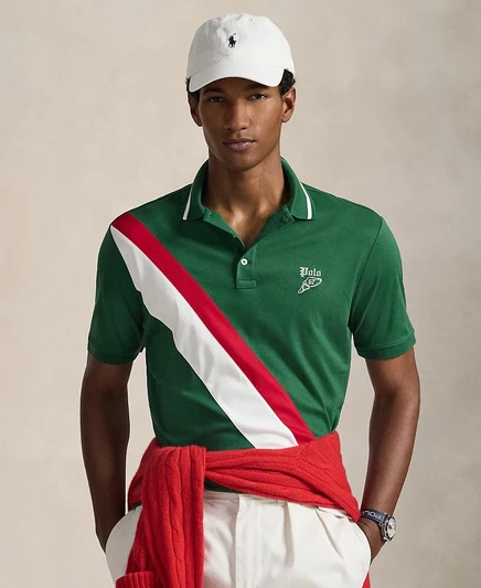 Мужская рубашка поло Polo Ralph Lauren в полоску с коротким рукавом зеленого цвета
