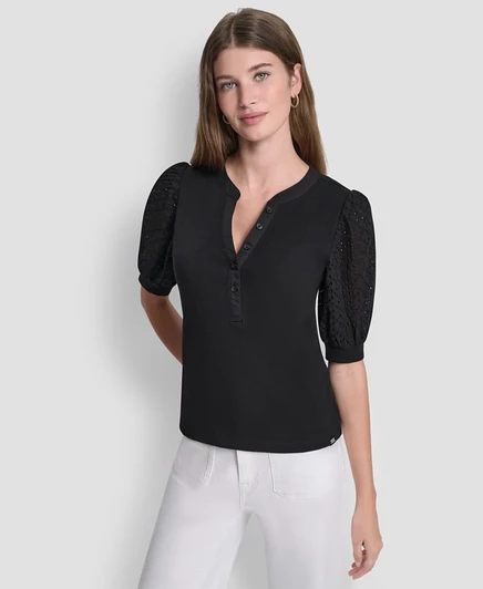 Женский топ DKNY Jeans Henley с пышными рукавами, черный