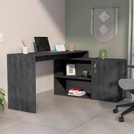 FM FURNITURE Dallas L-образный письменный стол для домашнего офиса, две полки, Однодверный шкаф черного цвета