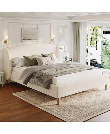 Каркас кровати Streamdale Furniture King Size, обитый букле, с откидывающимся изголовьем, белый